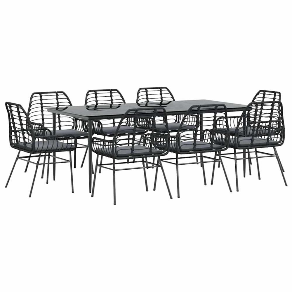 Ensemble à manger de jardin coussins 9pcs noir poly rotin verre