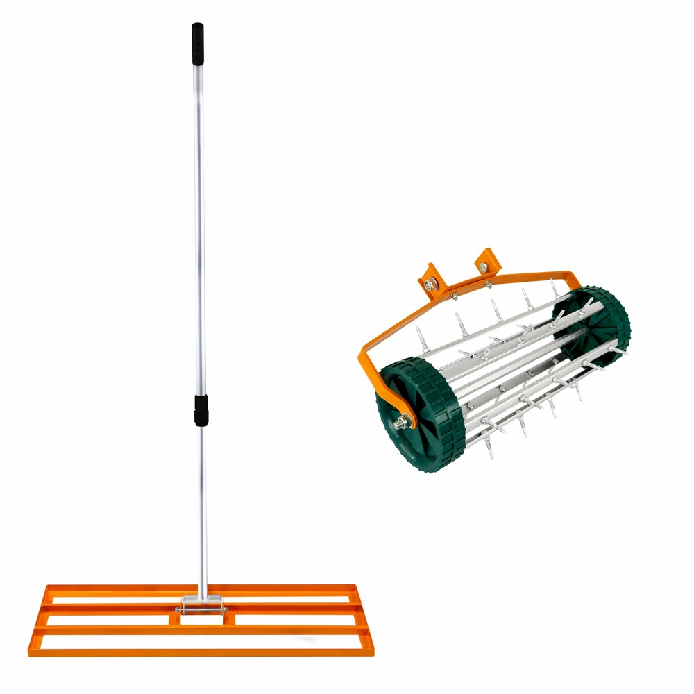 Ensemble 2-en-1 scarificateur et niveleur de pelouse de 100 cm - orange