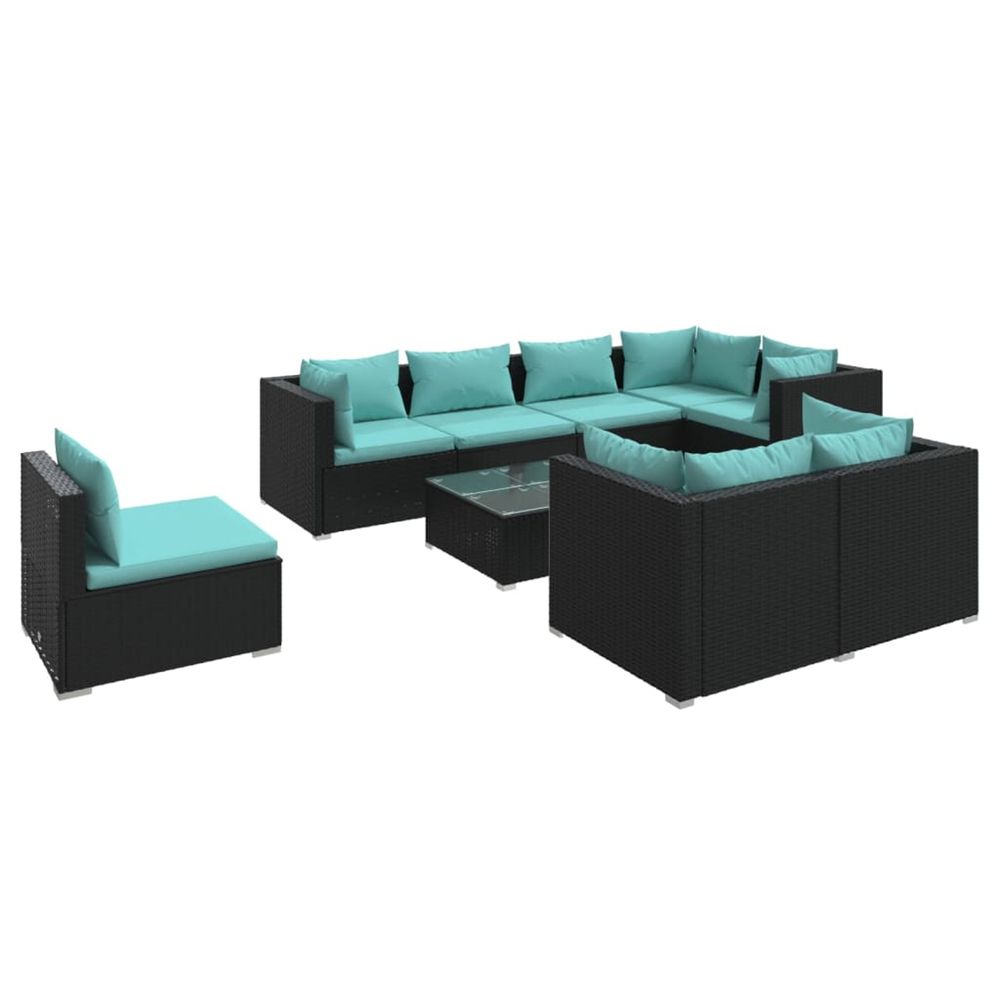 Salon de jardin 9 pcs avec coussins résine tressée noir
