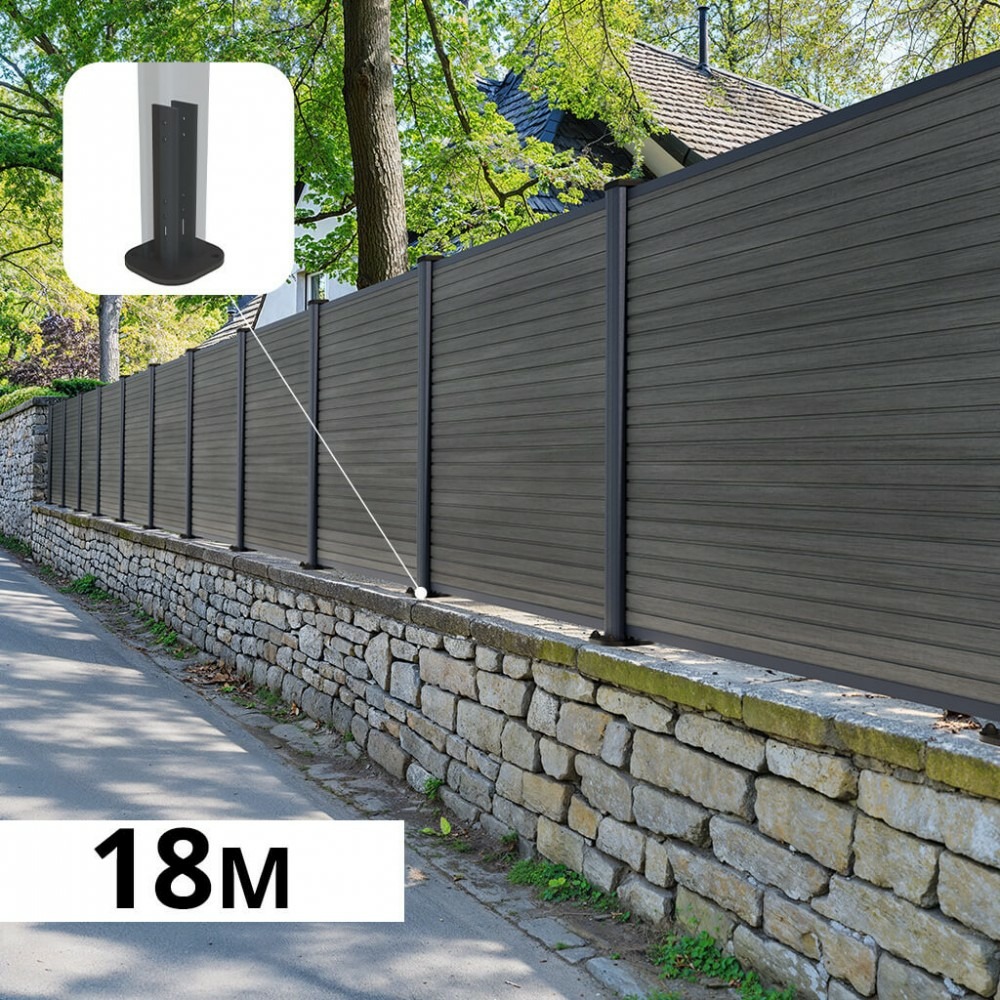 Kit clôture composite sur muret santos ardoise 18x1,2m - bois composite & aluminium - poteaux sur platines gris - brise vue
