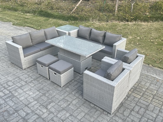 Salon de jardin exterieur table à manger réglable en hauteur ave canapé 2 fauteuil table d'appoint 2 petit tabourets gris clair