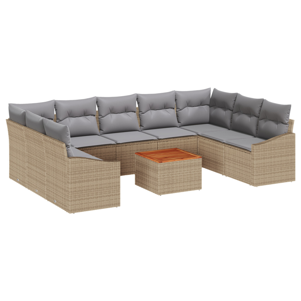 Ensemble de canapé de jardin 10 pièces avec coussins beige poly rattan acacia
