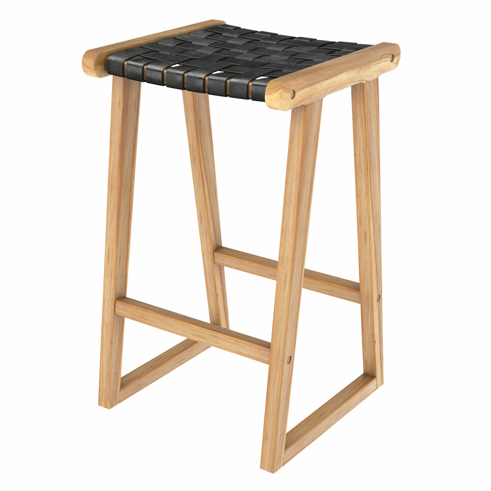 Yuma-tabouret pour îlot central 65 cm en teck et cuir tressé noir