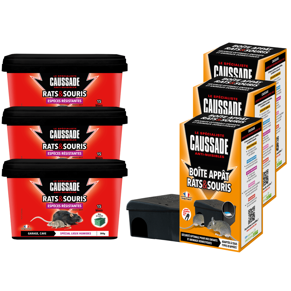 Caussade anti-rats & souris + boîtes appâts - 45 blocs - 900g - boites réutilisables et résistantes - appâts lieux très humides