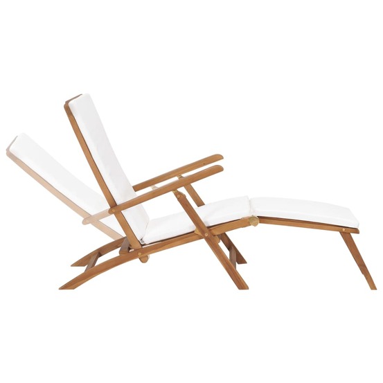 Chaise longue avec coussin blanc crème bois de teck solide