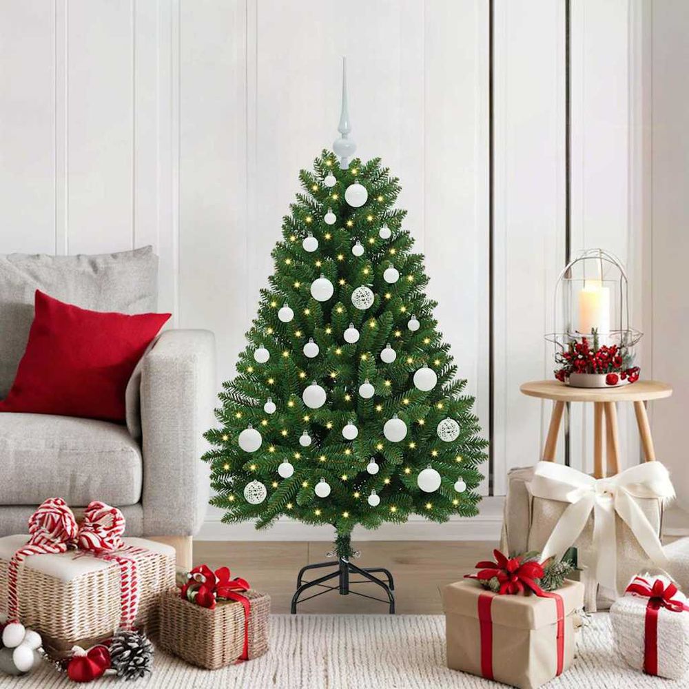 Sapin de noël lumineux 120 cm, 8 jeux de lumière led et kit décoration complet vert