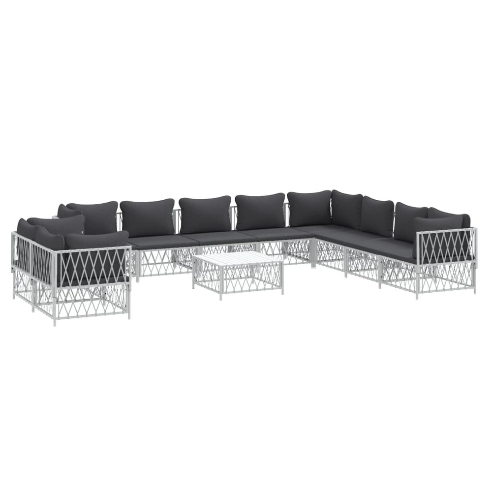 Salon de jardin meuble d'extérieur ensemble de mobilier avec coussins 11 pièces blanc acier