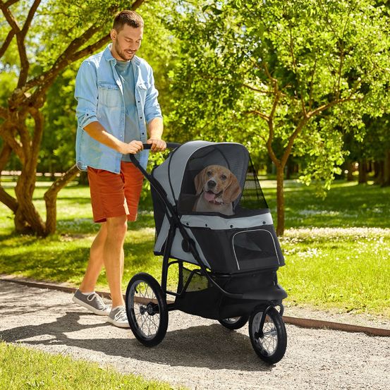 Poussette chien chat pliable tissu oxford jogging tout-terrain 3 roues gris