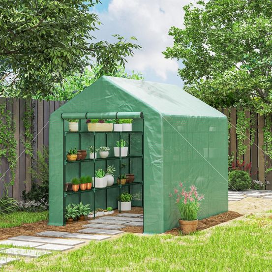 Serre de jardin acier et pe 244 x 180 x 210 cm verte avec étagères et porte zippée - comfortxl outdoor living