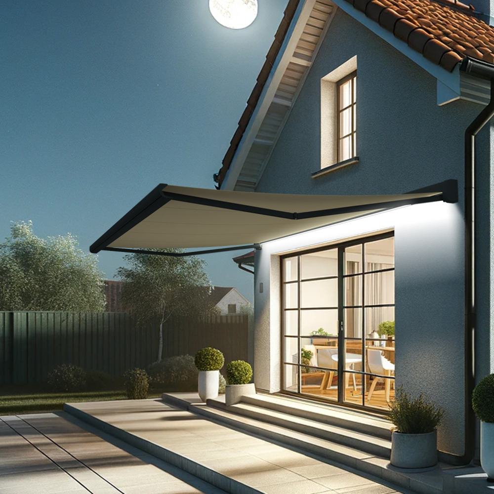 Store banne coffre intégral celeste 5,00x3,00 m (motorisé secours à télécommande + led - gris anthracite ral7016st - écru)