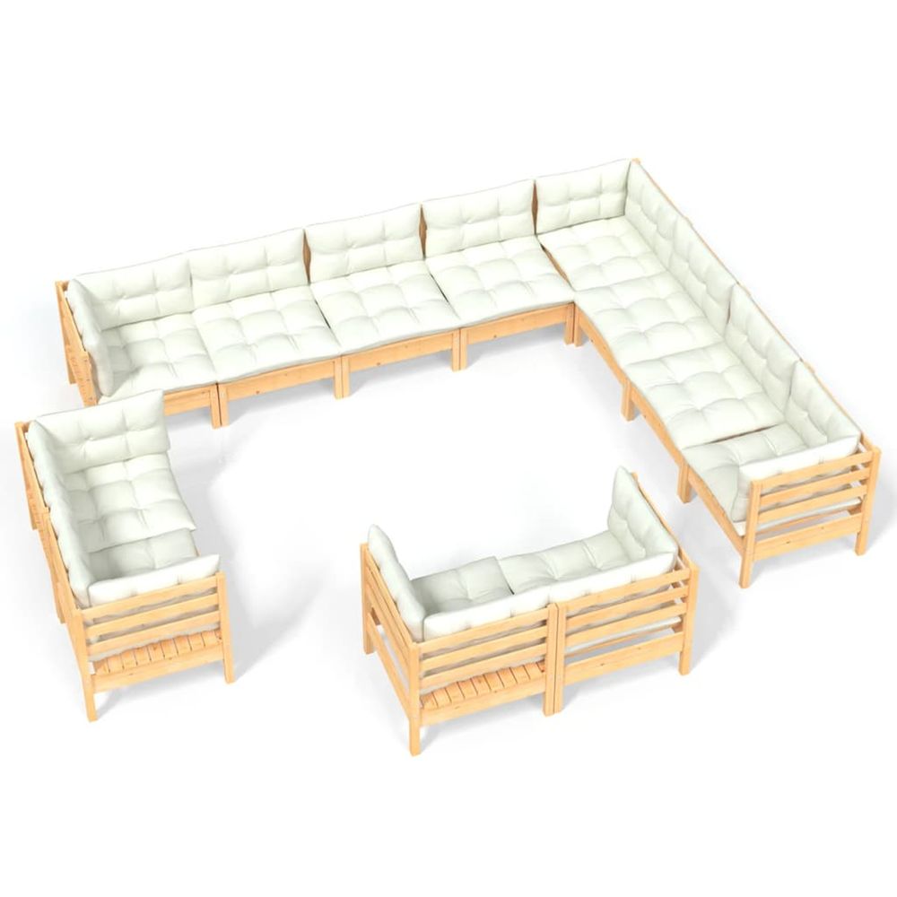 Salon de jardin 12 pcs avec coussins crème bois de pin massif