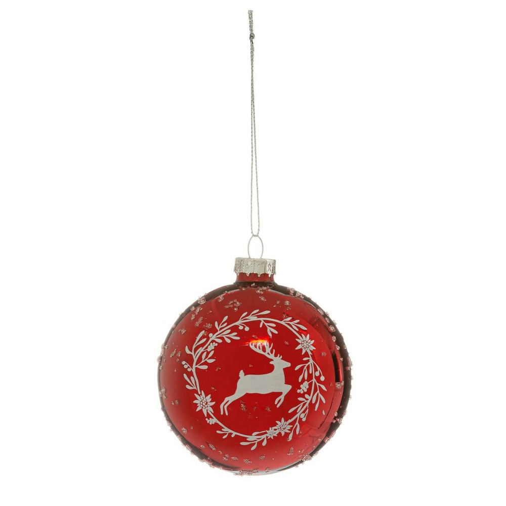 Boule de noël verre 80 mm renne couronne