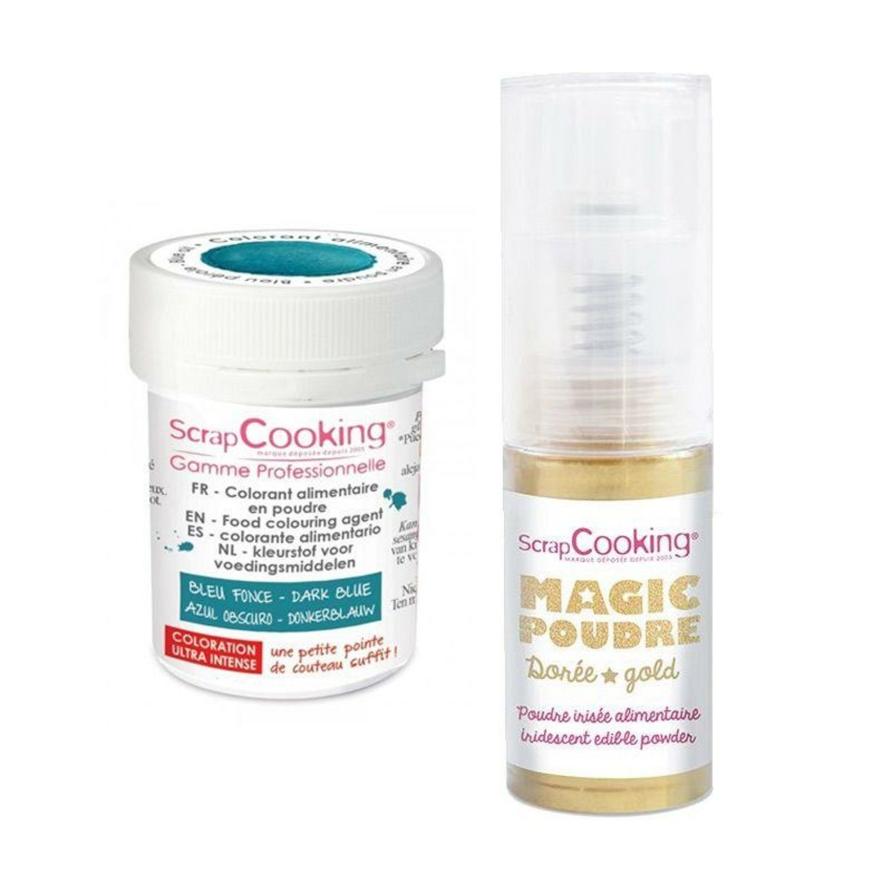 Colorant alimentaire en poudre bleu foncé + poudre alimentaire irisée dorée