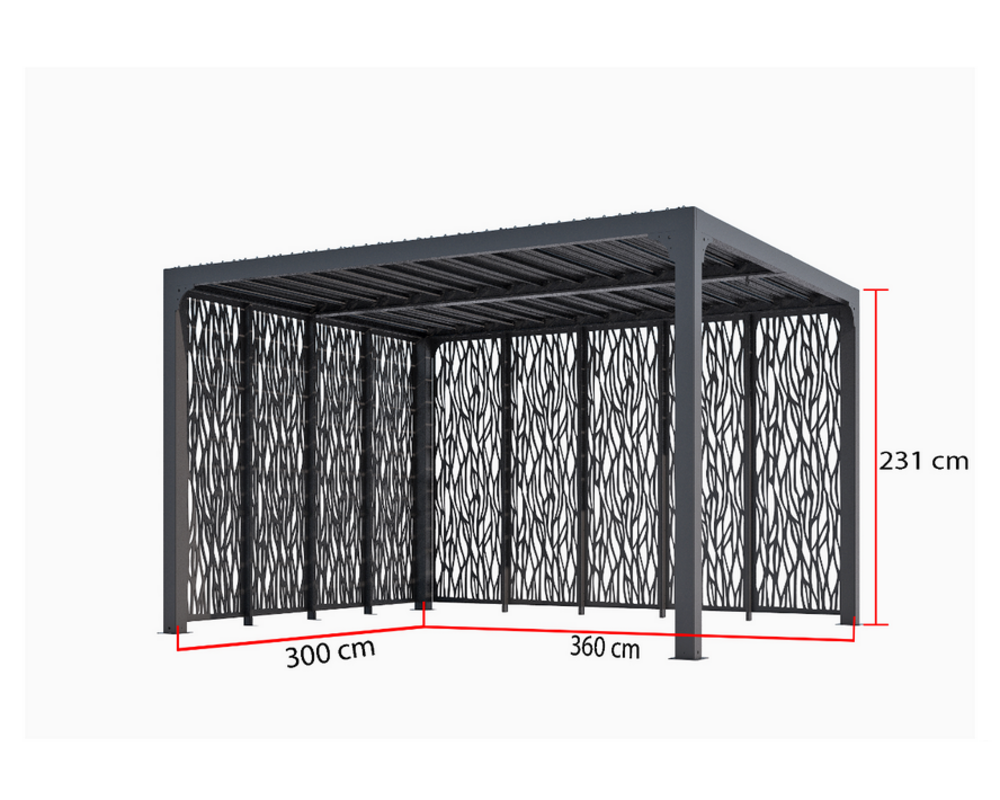 Pergola bioclimatique aluminium avec panneaux moucharabieh coloris gris pour côté 3 m + côté 3.60 m - per36m30mbi