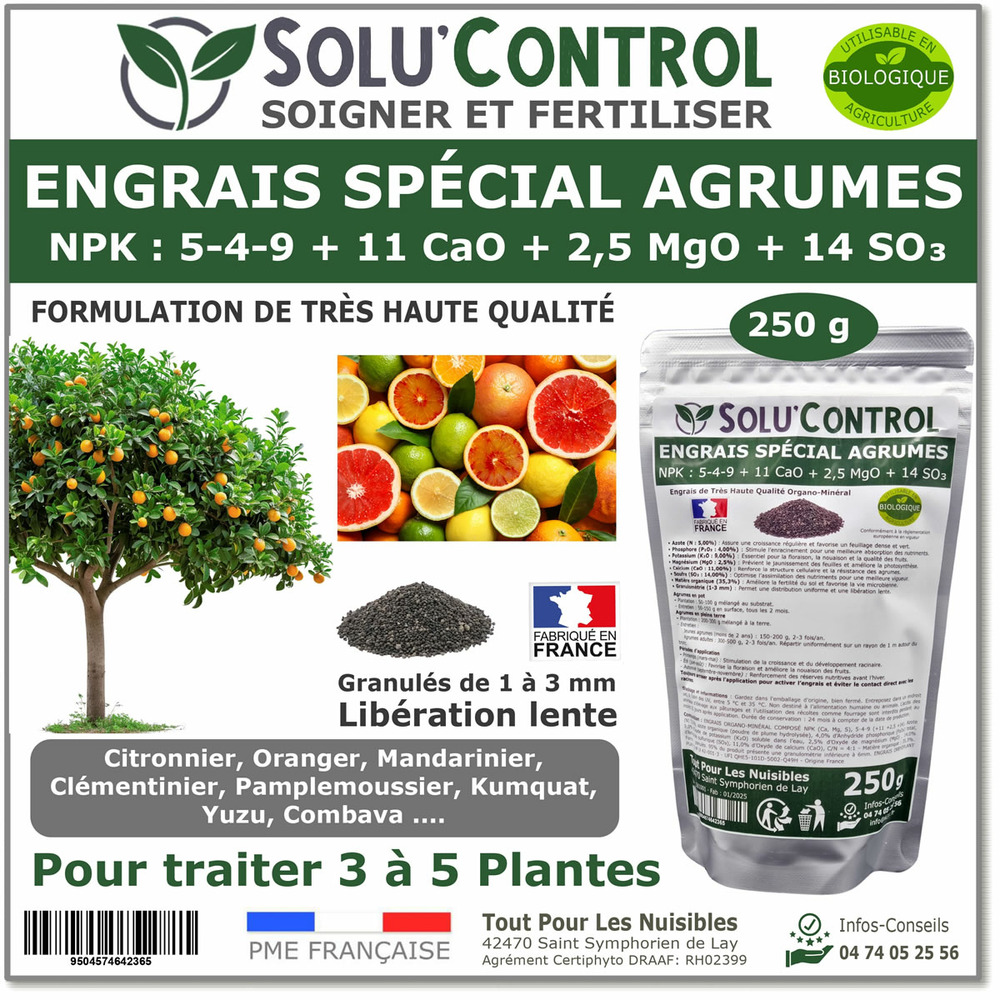 Engrais spécial agrumes 250 g - solucontrol - formulation haute qualité organo-minerale - citronnier, oranger, mandarinier...