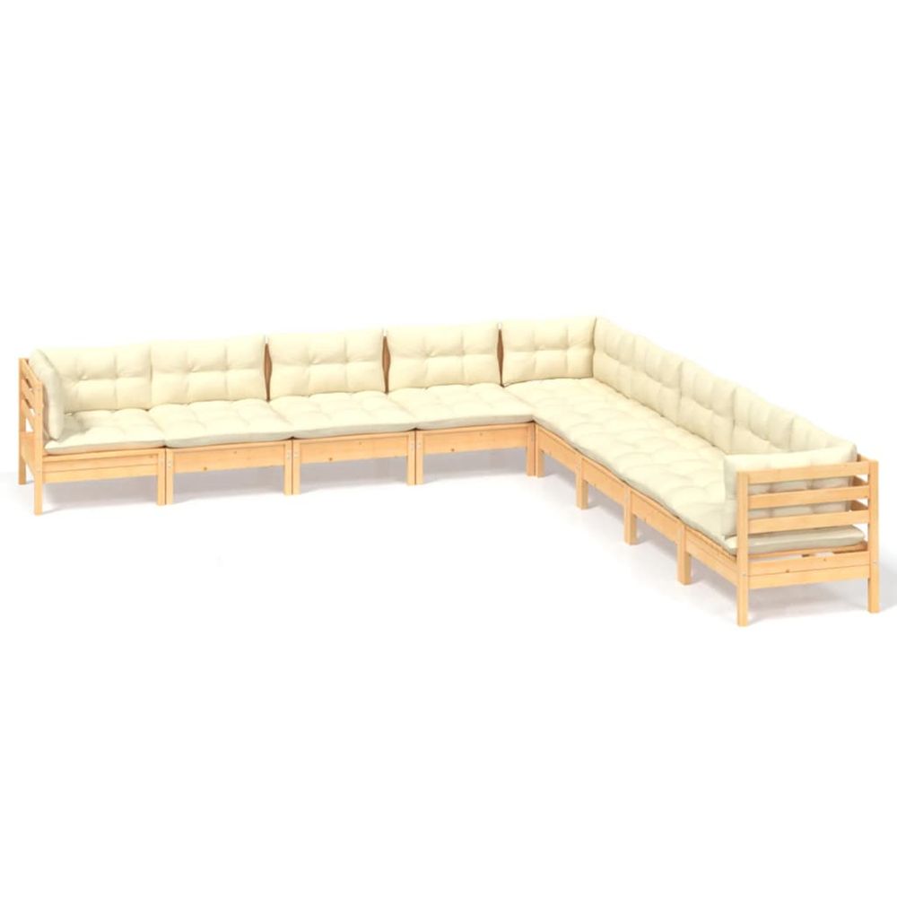 Salon de jardin 9 pcs avec coussins crème bois de pin massif