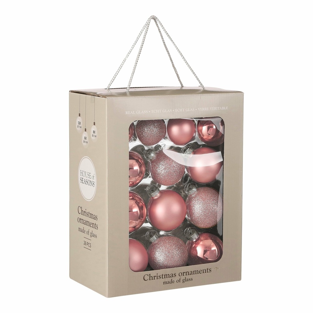 Mica decorations - boules de noël en verre rose - 26 pièces