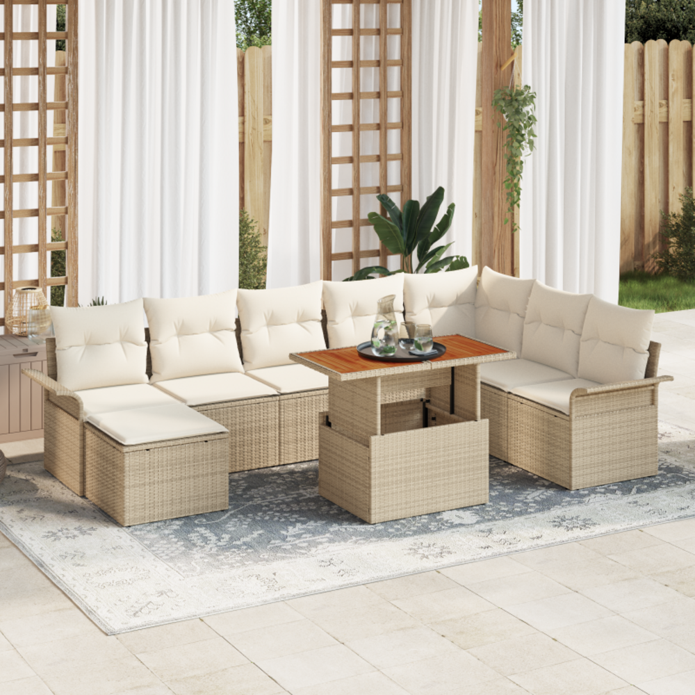 Ensemble salle à manger jardin 9 pièces avec coussins beige polyrotin acacia