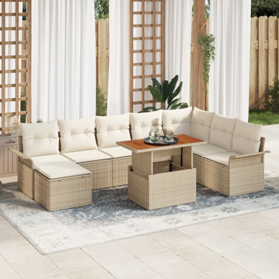 Ensemble salle à manger jardin 9 pièces avec coussins beige polyrotin acacia