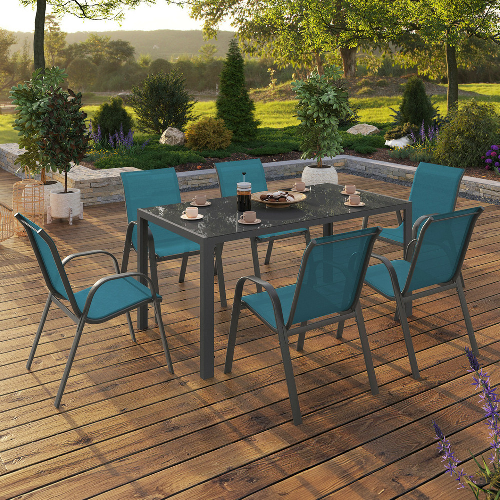 Salon de jardin madrid table 150 cm et 6 chaises empilables bleu canard