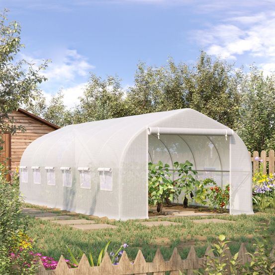 Serre tunnel acier galvanisé 595 x 300 x 200 cm blanche pour potager culture protégée - comfortxl outdoor living