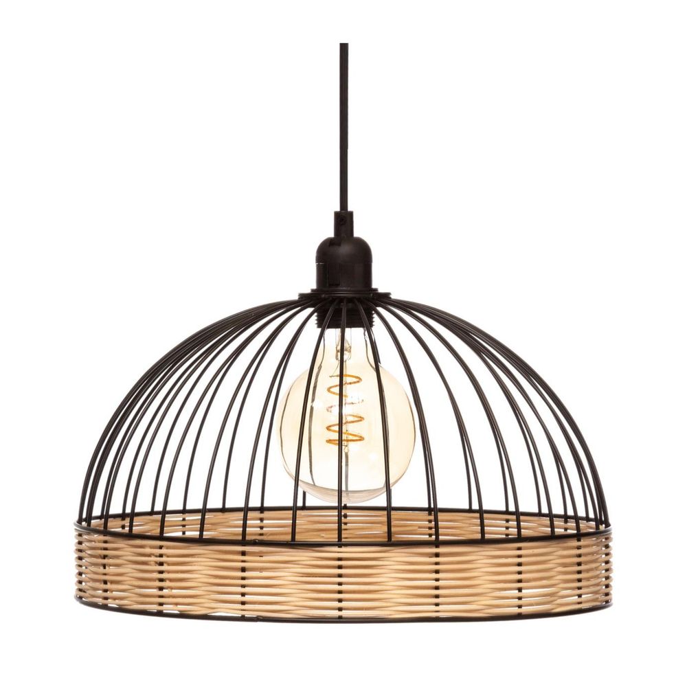 Luminaire suspension en métal filaire noir et rotin d 35 cm