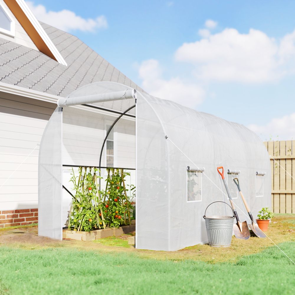 Serre tunnel de jardin pe 140 g/m² 350 x 200 x 200 cm blanche 7 m² 6 fenêtres - comfortxl outdoor living
