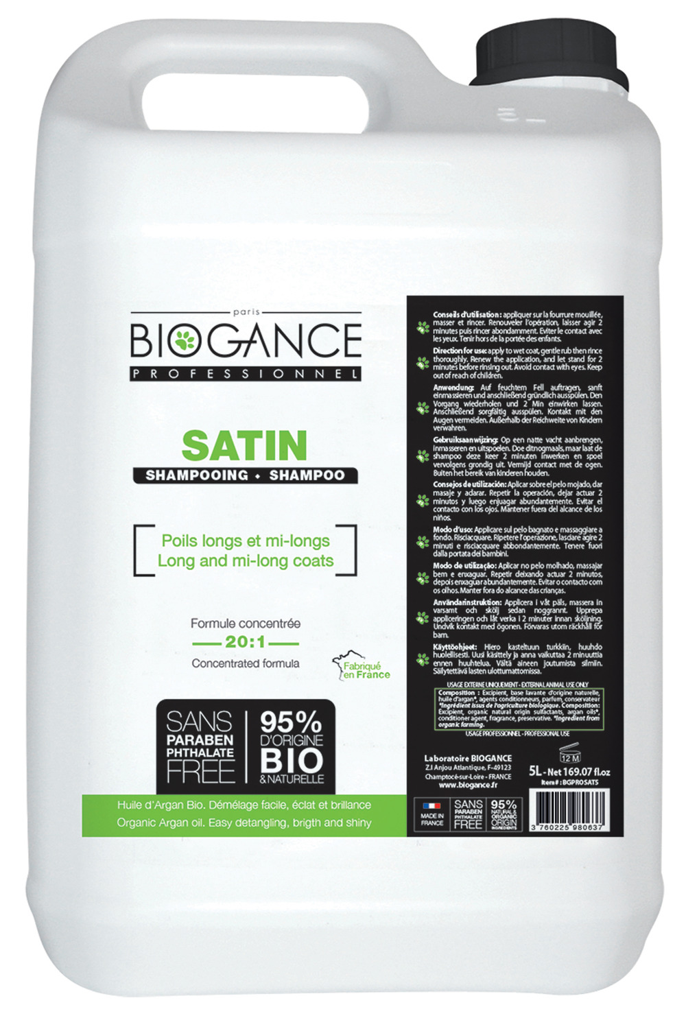 Shampoing satin poils longs biogance volume : 5 litres