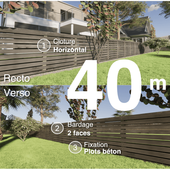 Kit clôture bois moderne 40m – h 0,9m – 20 x 70 mm noir par trempage – pose horizontal – double face – à sceller