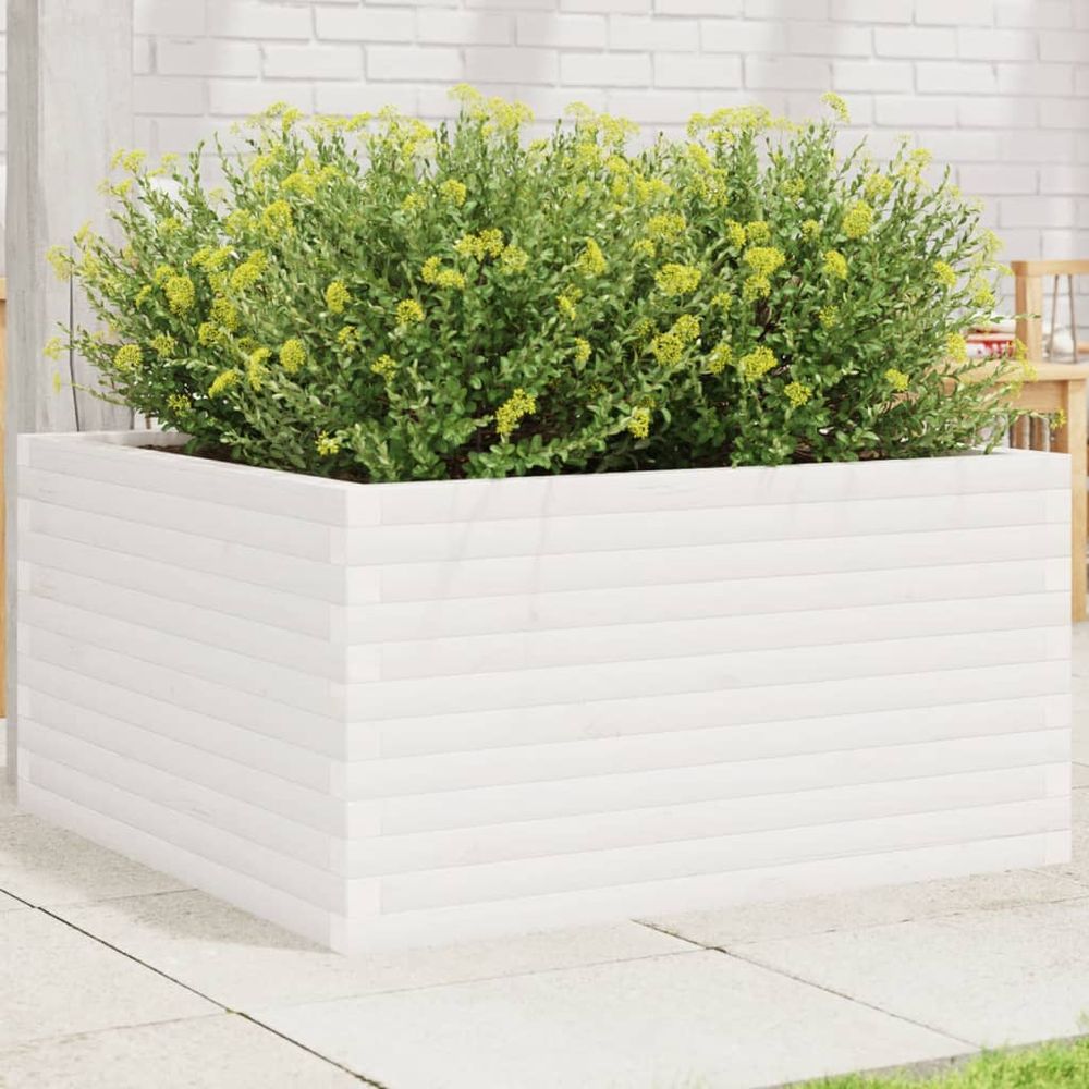 Très grand bac à fleurs carré bois de pin massif blanc 90x90cm