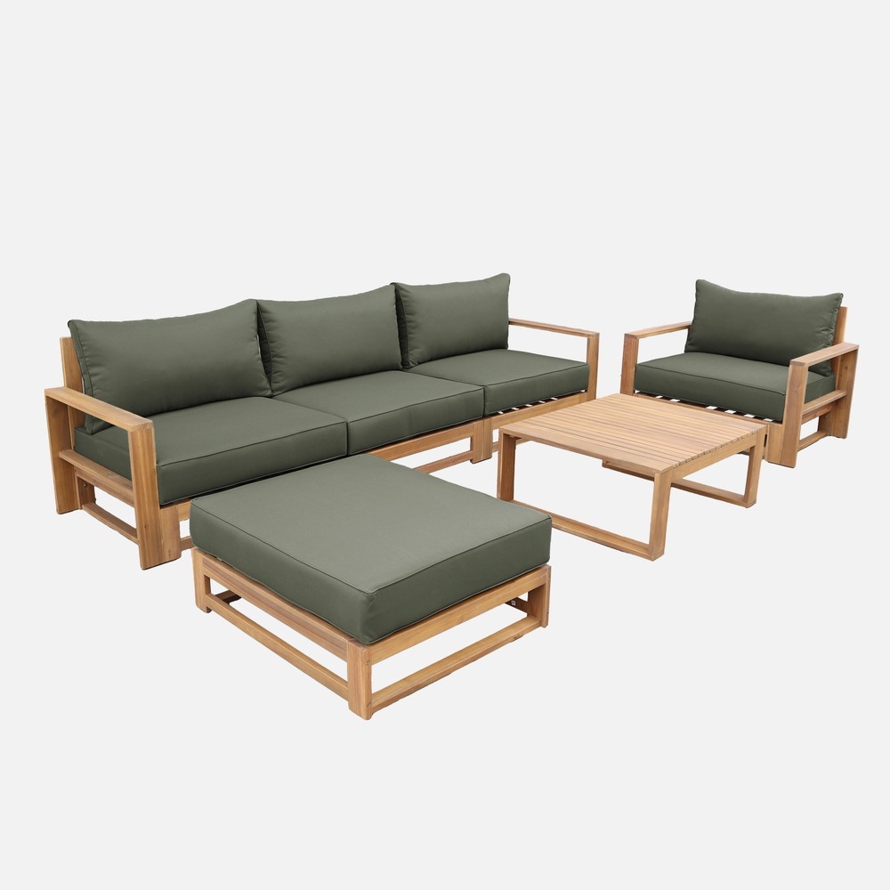 Salon de jardin en bois d'acacia 5 places - mendoza - canapé, fauteuils et table basse en acacia, 6 éléments modulables, design