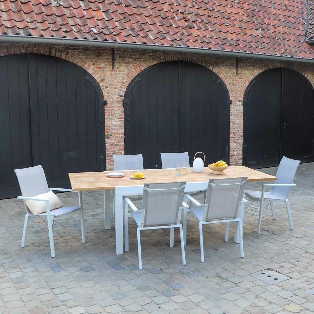 Ensemble baliteck 6/10p en aluminium blanc, plateau en teck avec 6 fauteuils