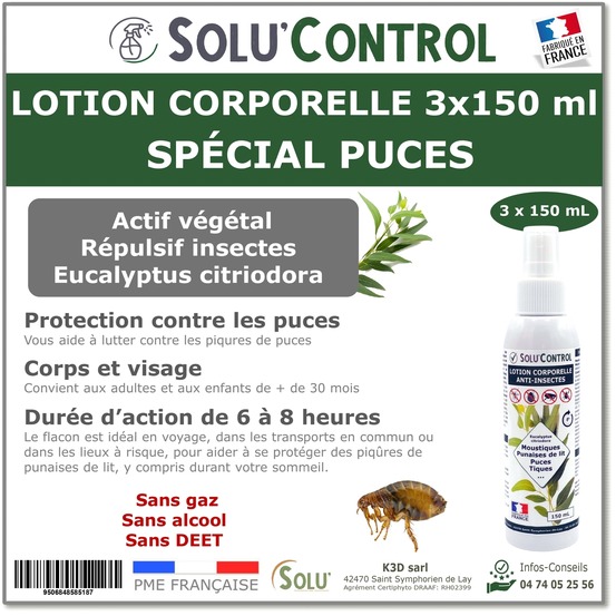 Solu'control lotion répulsive anti puce 3x150 ml - spécial piqûres - protection 6-8h - sans deet - corps et visage