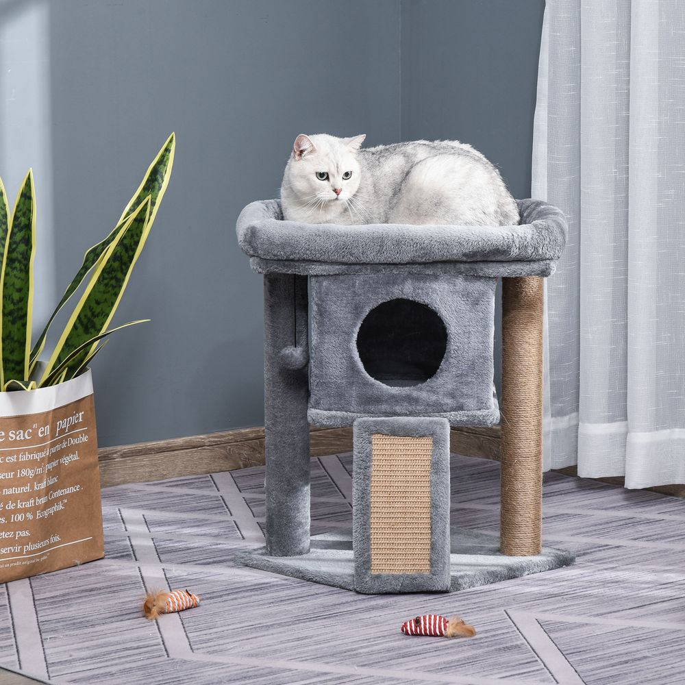 Arbre à chat hauteur de 57 cm avec griffoir en jute, niche, plateforme et balle de jeu, en tissu peluche gris clair