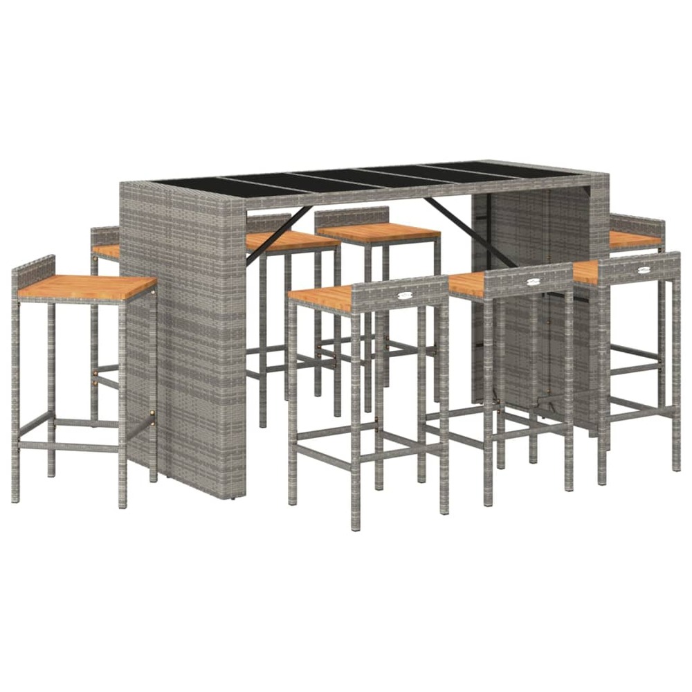 Ensemble de bar de jardin meuble extérieur terrasse 9 pièces gris poly rotin/bois massif acacia