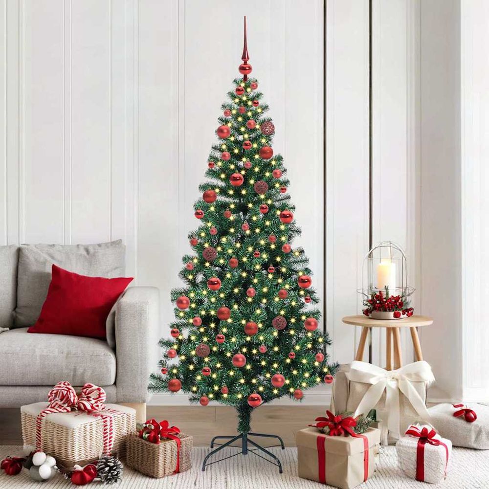 Sapin artificiel réaliste 180 cm avec led blanc chaud et set de 120 boules or/rouge