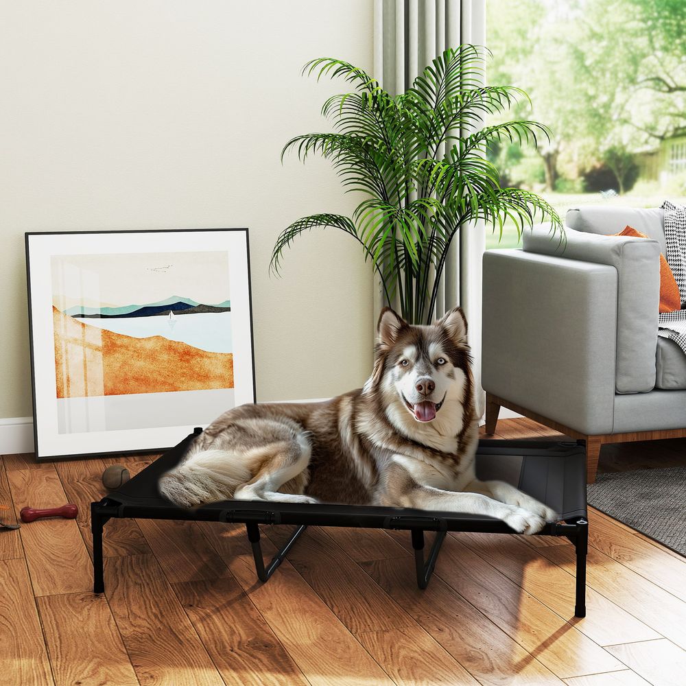 Lit surélevé pour grand chien en acier et tissu oxford 122 x 92 x 23 cm noir avec sac de transport pour camping