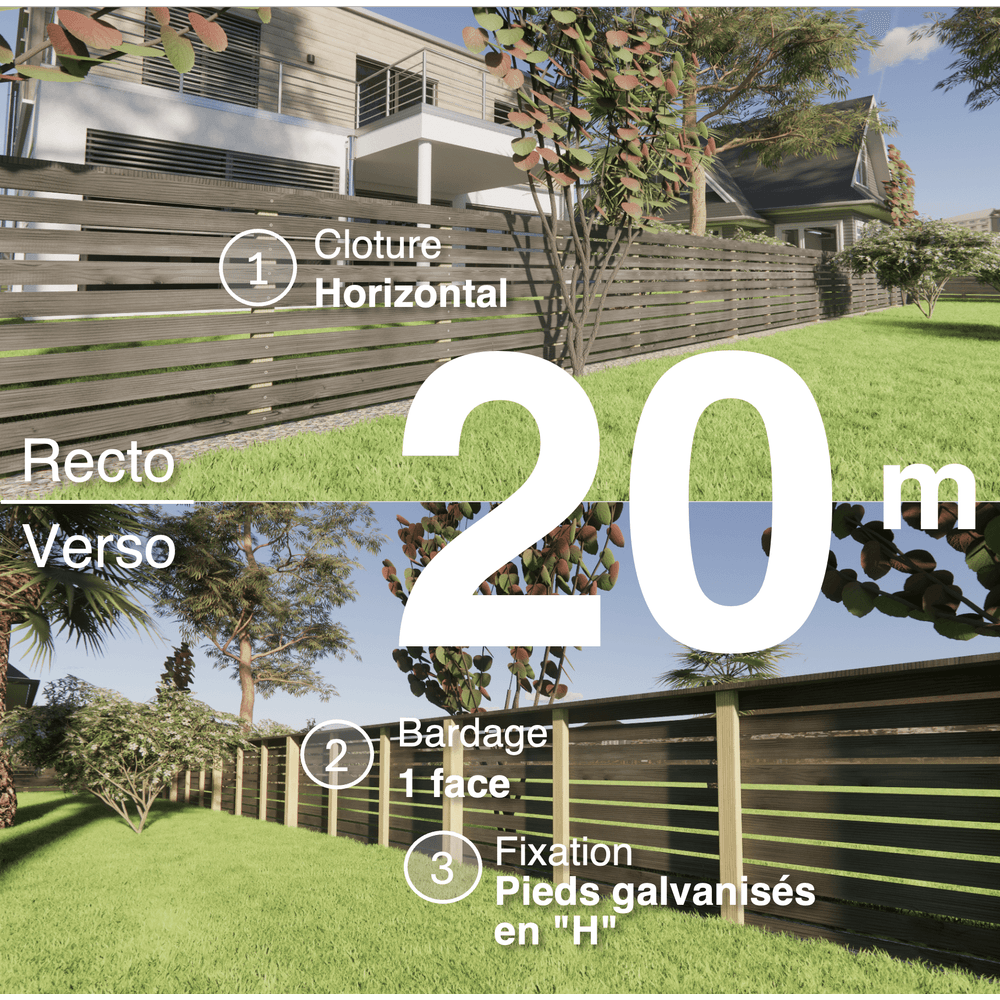 Kit clôture bois moderne 20m – h 0,9m – 20 x 70 mm noir par trempage – pose horizontal – simple face – support galva