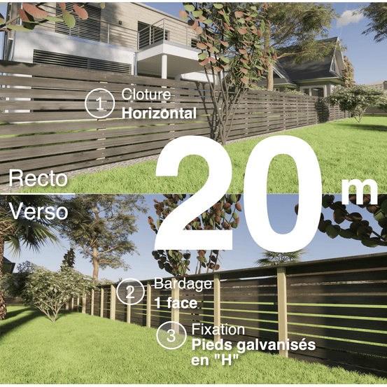 Kit clôture bois moderne 20m – h 0,9m – 20 x 70 mm noir par trempage – pose horizontal – simple face – support galva