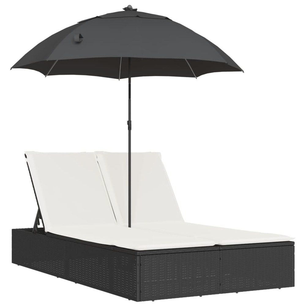 Chaise longue double et coussins et parasol noir résine tressée