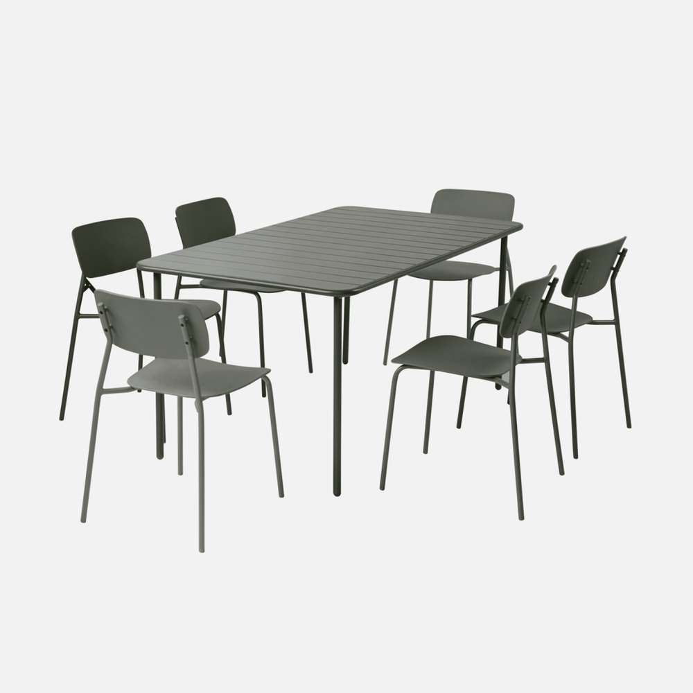Table de jardin métal + 6 assises, amélia + liva 160 x 90 x 72,5cm