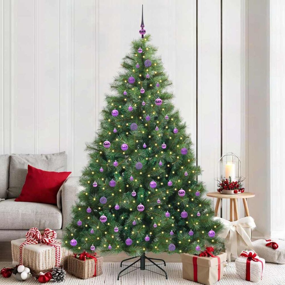 Sapin de noël vert aspect naturel 210 cm, pack complet avec 300 lumières led et 120 boules