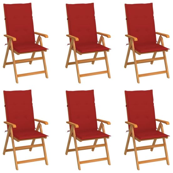 Ensemble de 6 chaises pliantes avec coussins rouges en teck massif