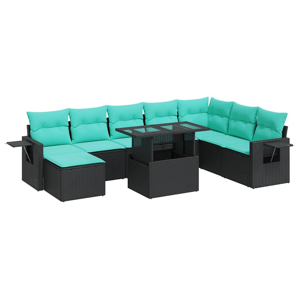 Salon de jardin avec coussins 9 pcs noir résine tressée acacia