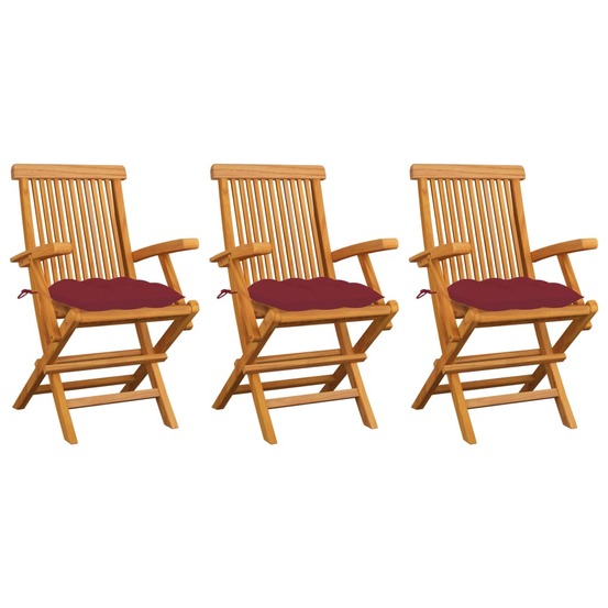 Chaises de jardin avec coussins rouge bordeaux lot de 3 teck