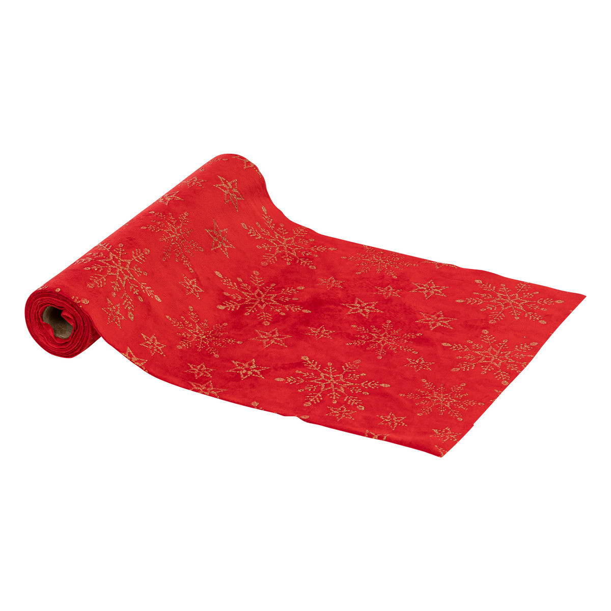 Chemin de table tissu en velours rouge avec flocons pailletés dorés 28 x 300 cm