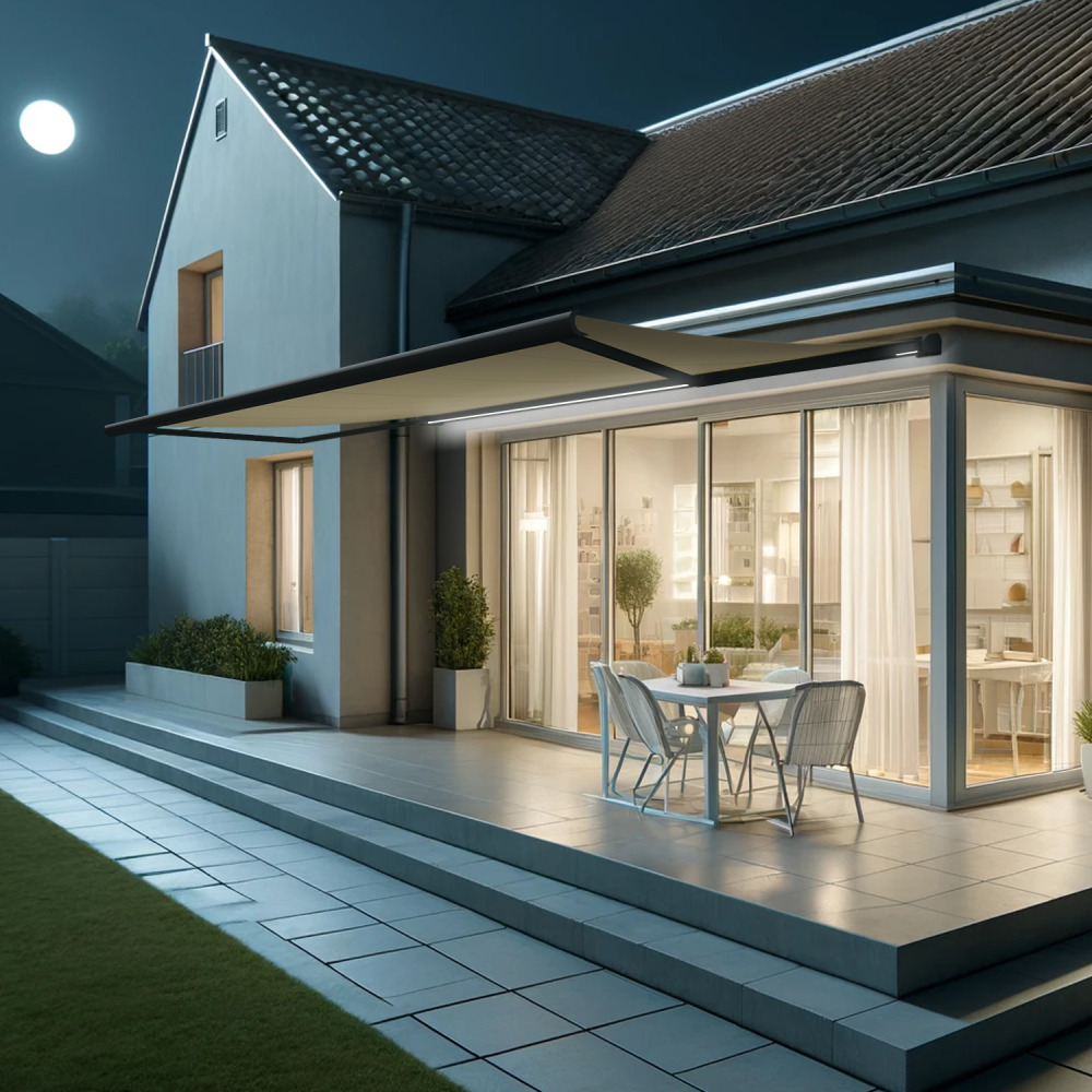 Store banne coffre intégral hevoa 6,00x3,50 m (motorisé secours à télécommande + led - gris anthracite stucturé ral7016st - écru)