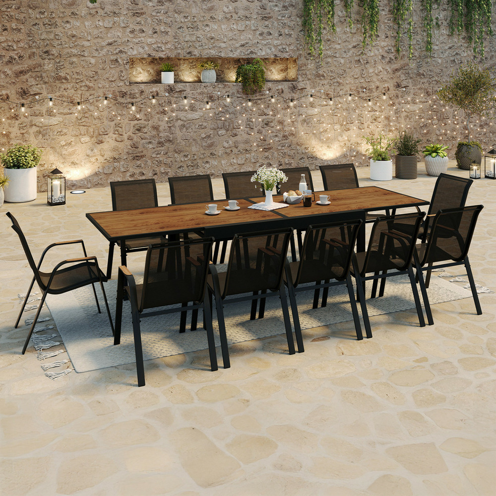 Salon de jardin noumea table extensible 135/270 cm plateau verre trempé effet bois et 12 chaises empilables noir et bois