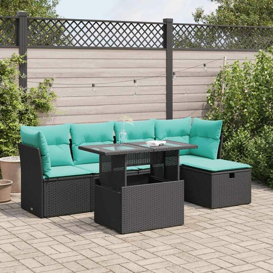 Salon de jardin 6 pcs avec coussins noir résine tressée acacia