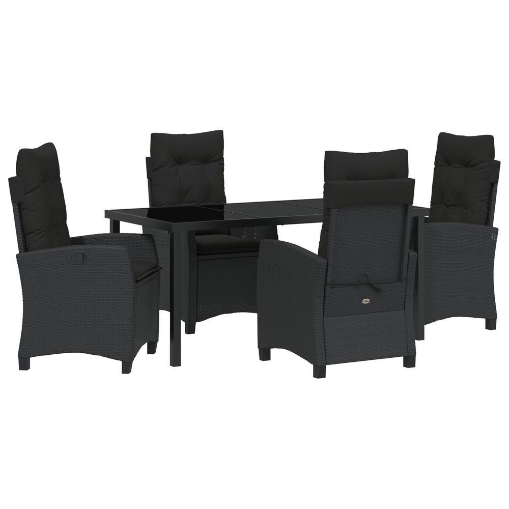 Set de dîner de jardin de 5 pièces avec coussins noir en poly rattan